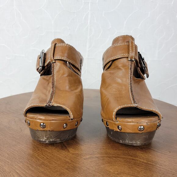 GC Womens Veronica Sandals 38 Brown Leather Peep Toe Buckle Wooden Chunky Wedge - Picture 4 of 13